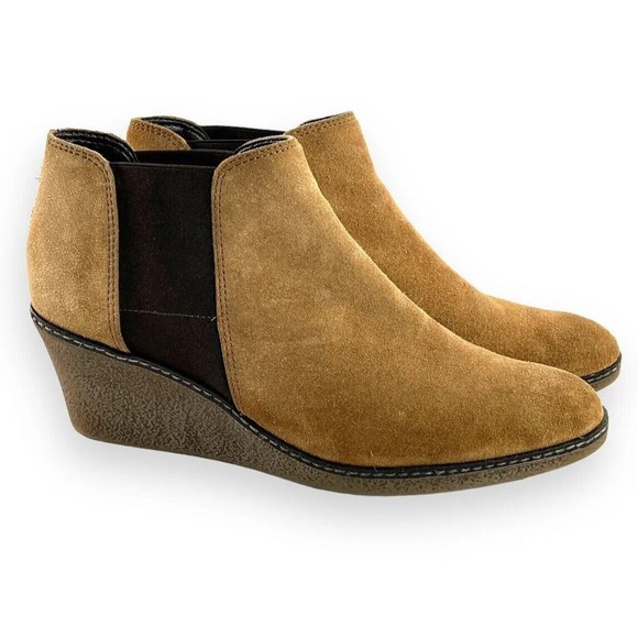 The FLEXX Chelsea Wedge Ankle Boots Size 10 Brown Tan Suede Heel Booties Comfort - Picture 1 of 12
